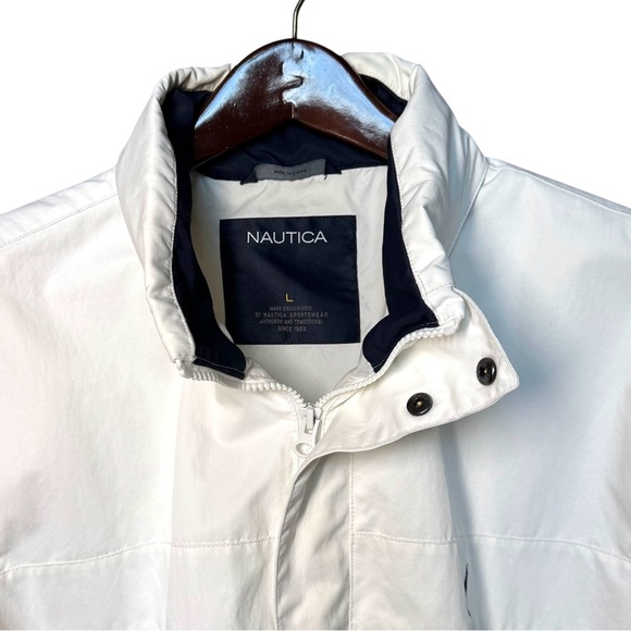 Nautica Men's Large White Sailing Windbreaker Jacket Hood Under Collar Tuck - Picture 2 of 12